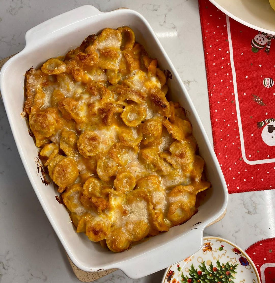 Orecchiette al forno con crema di zucca, speck e scamorza affumicata